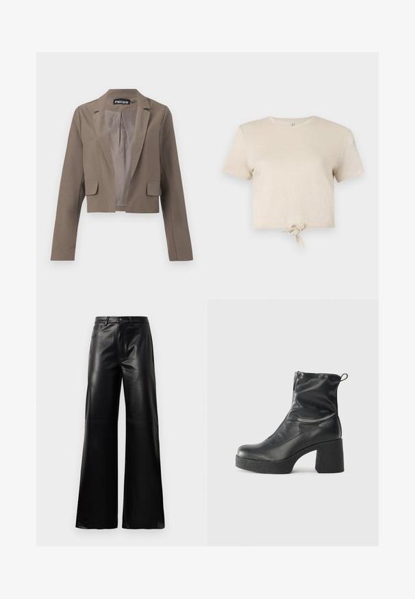 Blazer marrone tagliato con maniche lunghe, rever a punta, due tasche frontali e una fodera interna liscia. Design semplice e moderno.; T-shirt beige cropped realizzato in tessuto scintillante con maniche corte e dettaglio annodato all'orlo. Texture liscia e scollatura rotonda.; Pantaloni ampi a vita alta in ecopelle neri con bottone frontale, chiusura con zip, passanti per cintura e tasche laterali su sfondo bianco.; Stivali neri alla caviglia in pelle liscia, con zip laterale, tacco spesso e texture, e punta arrotondata.