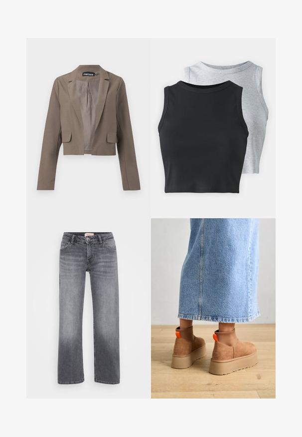 Lühendatud pruun bleiser pika varrukaga, nidudega krae, kaks esipaneeli taskut ja sile sisevooder. Lihtne ja modernne disain.; Even&Odd Petite 2 PACK - Topp - light grey/black; Halli teksad otste kujundusega, viie taskuga stiil, kerge pleekimisega ja nööpkinnipeaga vöökoht.; Pruunid nahatooted platvormikontsad elastsete külgpaneelidega ja oranžide tõmbetuttidega, koos puusani ulatuva heleda denim-seelikuga puidust põrandal.