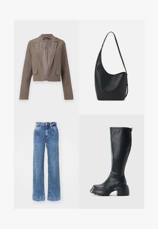Skračený hnedý blazer s dlhými rukávmi, s klopami, dvoma prednými vreckami a hladkou vnútornou podšívkou. Jednoduchý a moderný dizajn.; Čierne bavlnené tričko s krátkymi rukávmi, s malým ružovým motýlikom na ľavej hrudi. Design s okrúhlym výstrihom a uvoľneným strihom.; Svetlo modré džíny s širokými nohavicami a vysokým pásom, so prednými vreckami a prešitými detailmi. Lem je nastaviteľný a prišitý.; Vysoká čierna kožená čižma s masívnou platformou a blokovým podpätkom, s praktickým pútkom a textúrovaným vzorom na podošve.; Čierna kožená hobo taška so hladkou textúrou, zakriveným tvarom a jedným nastaviteľným popruhom; má široké otvorenie na vrchu.