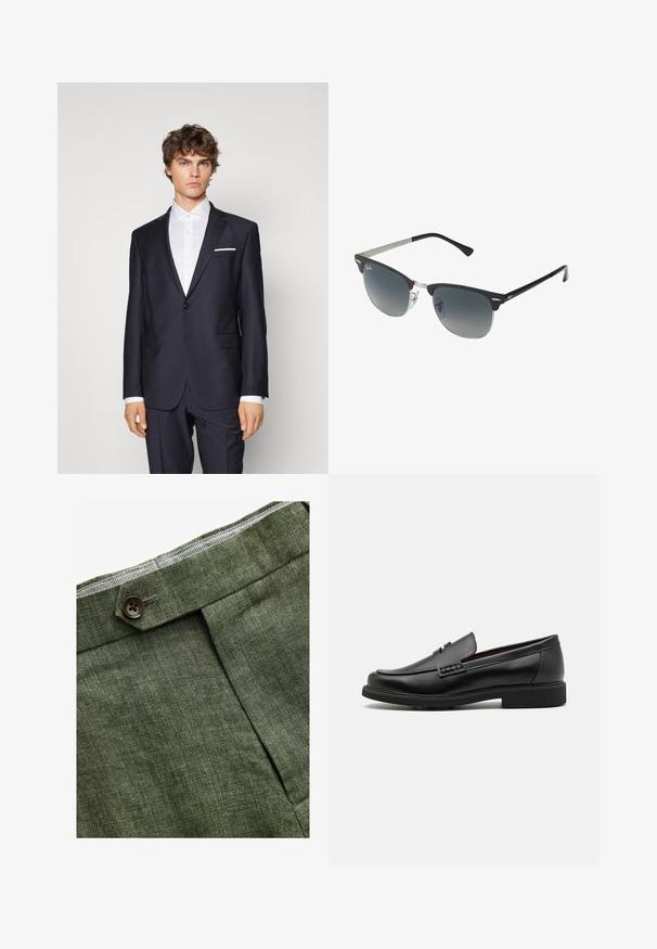 Mørkeblå dragt med en enkelt knap, notch lapels, sidelommer og en hvid lommetørklæde, parret med en hvid skjorte. Skræddersyet fit.; Lyseblå langærmet skjorte med knapper og klassisk krave, lige bund og subtil tekstur. Har en central knaplukning.; Olivenfarvede linnedbukser med en frontfold, prydet med en knaplukning og et kontrastfarvet ternet for i taljebåndet.; Sorte syntetiske loafers med en fremtrædende syet front, polstret indersål og flad gummiydersål; slankt design med minimal detaljer.; Sorte og sølv solbriller med katteøje-form, gradient linser og metalliske detaljer på rammen. Plastiske arme med grå spidser.