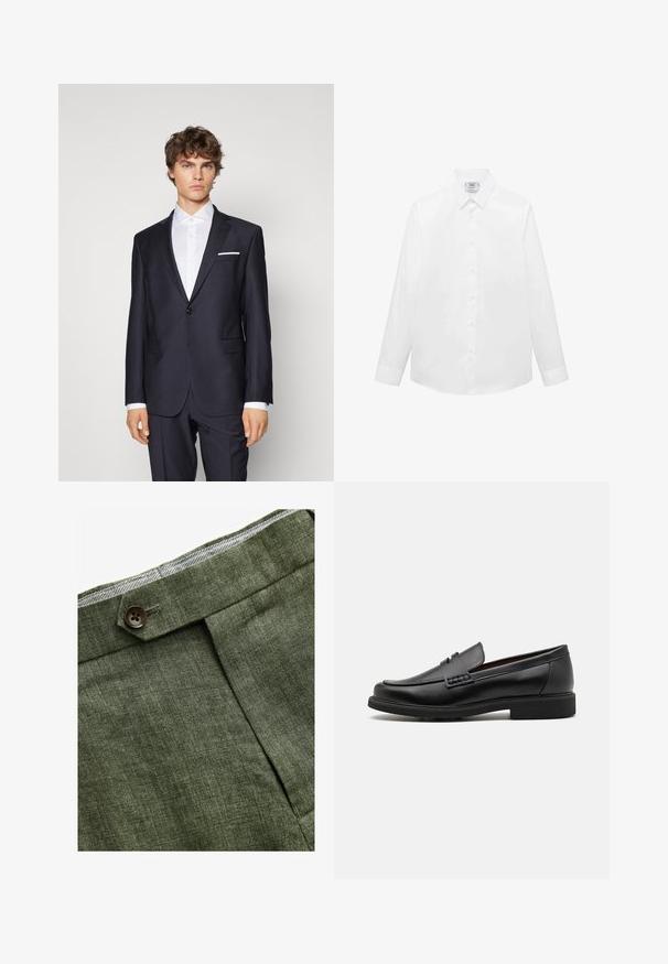 Ciemnoniebieski garnitur z pojedynczym guzikiem, klapami w kształcie litery notch, bocznymi kieszeniami oraz białą poszetką, połączony z białą koszulą. Dopasowany krój.; Biała koszula z długim rękawem, wykonana z gładkiego materiału, z klasycznym kołnierzykiem, zapięciem na guziki i zaokrąglonym dołem. Minimalistyczny design bez wzorów.; Zielone lniane spodnie w odcieniu oliwkowym z plisami z przodu, posiadające zapięcie na guzik i kontrastową kratkowaną podszewkę w pasie.; Czarne syntetyczne mokasyny z wyraźnym przeszyciem z przodu, wyściełaną wkładką i płaską gumową podeszwą; smukły design z minimalnymi detalami.
