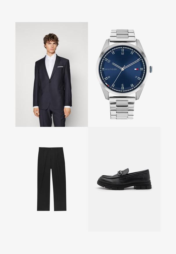 Dunkelblauer Anzug mit einem einzigen Knopf, Reverskragen, seitlichen Taschen und einem weißen Einstecktuch, kombiniert mit einem weißen Hemd. Maßgeschneiderte Passform.; Set aus acht schwarzen Baumwoll-T-Shirts mit kurzen Ärmeln und Rundhalsausschnitten, die ein schlichtes Design und eine weiche Textur aufweisen.; Schwarze Hose mit geradem Schnitt, aus einem glatten Stoff gefertigt. Verfügt über Vorderfalten und einen einzelnen Knopfverschluss an der Taille.; Schwarzer Lederloafer mit runder Zehenform, einem dekorativen Riemen und Hardware sowie einer robusten, strukturierten Sohle. Glatte Oberfläche mit dezenten Details.; Silberne Metall-Uhr mit einem gebürsteten blauen Zifferblatt, weißen Stundenmarkierungen und einem Datumsanzeiger. Verfügt über ein verlinktes Metallarmband und ein Markenlogo.