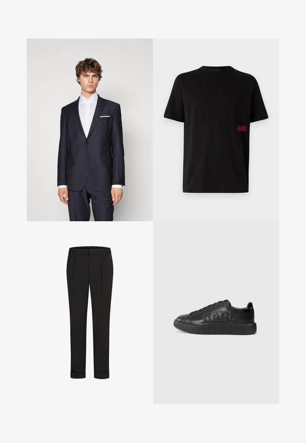 Donkerblauw pak met een enkele knoop, notch revers, zijzakken en een witte zakdoek, gecombineerd met een wit overhemd. Perfecte pasvorm.; Zwart T-shirt met korte mouwen van katoen. Heeft een klein rood gedrukt logo aan de linkerkant. Klassieke ronde hals, rechte pasvorm.; Zwarte broek met een elastische tailleband, met een rechtvallend ontwerp en opgerolde manchetten. Gemaakt van glad, geweven stof zonder patronen.; Zwarte sneaker van glad leer, met een dikke ribbelzool en het merknaam in reliëf. Klassiek vetersluiting ontwerp met ronde oogjes.
