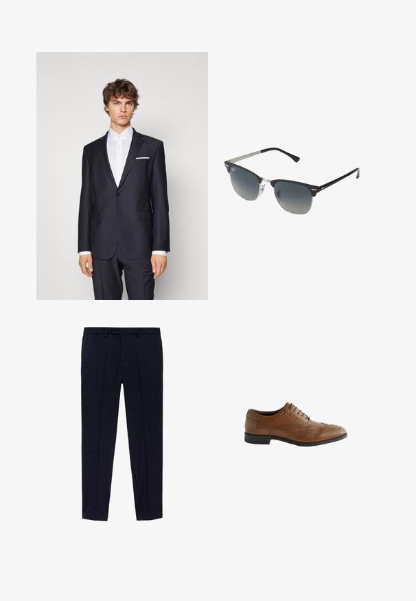 Mørkeblå dragt med en enkelt knap, notch lapels, sidelommer og en hvid lommetørklæde, parret med en hvid skjorte. Skræddersyet fit.; Pakke med tre t-shirts: én sort og to hvide. Hver har rund halsudskæring, korte ærmer og er lavet af glat bomuldsstof.; Mørkeblå bukser med flad frontdesign, fremstillet af glat stof. Bemærkelsesværdige detaljer omfatter to sidelommer og lynlås med knaplukning.; Brune lædersko med indviklede broguing-detaljer, rund tå og flad hæl. Har fem snøringsøjer og en glat overflade.; Sorte og sølv solbriller med katteøje-form, gradient linser og metalliske detaljer på rammen. Plastiske arme med grå spidser.