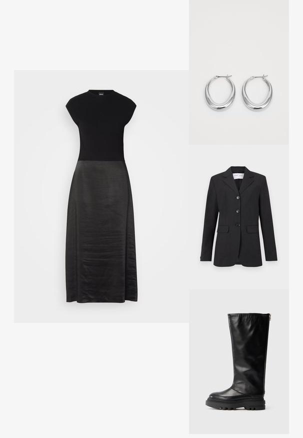 Black blazer made of textured fabric with a tailored fit, single-breasted design, notch lapels, and three front buttons. Features two front pockets.; Black dress featuring a fitted bodice and flowing, silky skirt. Cap sleeves, round neckline, smooth texture, and ankle-length design.; Black leather knee-high boot with a rounded toe, chunky rubber sole, and a side zipper for closure. Smooth texture with minimal detailing.; Pair of polished silver crescent hoop earrings with hinged clasps on a white background.