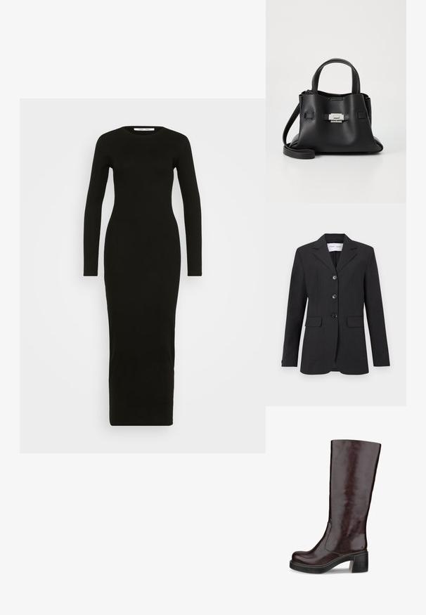 Juodas bleizeris, pagamintas iš tekstūruoto audinio, su pritaikytu siluetu, vieno mygtuko dizainu, notch apykaklėmis ir trimis priekiniais mygtukais. Yra dvi priekinės kišenės.; Juoda džersio suknelė ilgomis rankovėmis, su apvalia iškirpte, prigludusia siluetu ir kulkšnies ilgio dizainu. Nlygi tekstūra, be raštų ar puošmenų.; Rudi ikių ilgio batai su elegantišku dizainu, stambiu kulnu ir lygiu odos paviršiumi, eksponuojami prieš baltą foną.; Juodas odinis rankinės su tekstūruota apdaila, turintis dvi viršutinės rankenos, nuimamą peties diržą ir sidabrinį užsegimą.