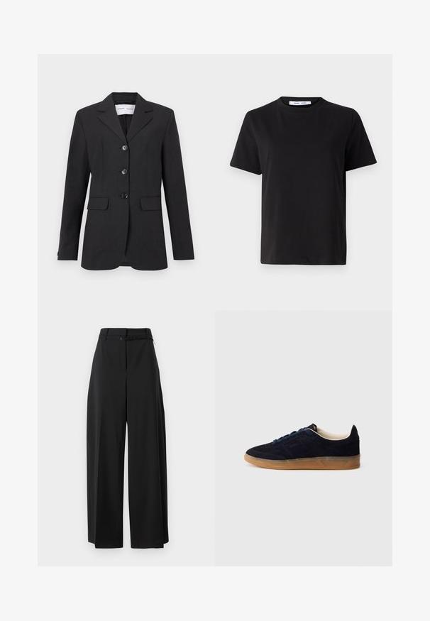 Juodas bleizeris, pagamintas iš tekstūruoto audinio, su pritaikytu siluetu, vieno mygtuko dizainu, notch apykaklėmis ir trimis priekiniais mygtukais. Yra dvi priekinės kišenės.; Juodas trumpas rankovės marškinėliai, pagaminti iš minkštos medvilnės, su apvaliu iškirpimu, laisvu pritaikymu ir lygiu paviršiumi. Nėra matomų raštų ar grafikos.; Juodos plačios kelnes su aukštu juosmeniu ir diržu. Pasižymi lygiu paviršiumi ir švariomis linijomis, sukurtos patogiam prigludimui.; Tamsiai mėlynas zomšiniai sportbačiai su guminėmis padu, mėlynomis raištelėmis ir minimalistiniu dizainu. Šone įspaustas logotipas ir glotni vidinė pamušalas.