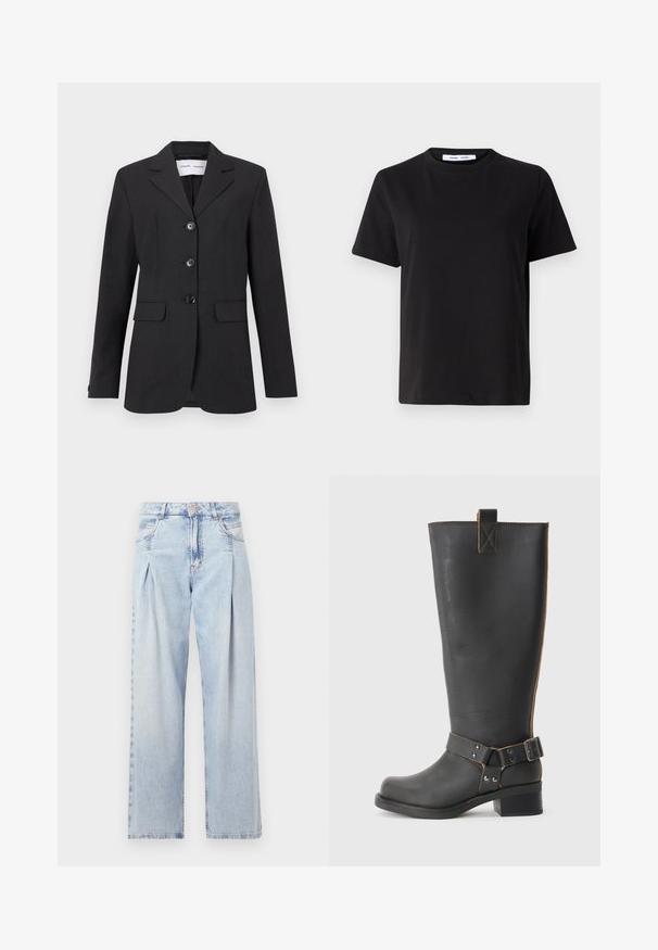 Czarny żakiet wykonany z teksturowanej tkaniny, z dopasowanym krojem, jednorzędowym zapięciem, klapami w kształcie notcha oraz trzema guzikami z przodu. Posiada dwie kieszenie z przodu.; Czarny t-shirt z krótkim rękawem wykonany z miękkiej bawełny, z okrągłym dekoltem, luźnym krojem i gładką fakturą. Bez widocznych wzorów ani grafik.; Jasnoniebieskie dżinsy z wysokim stanem, szerokimi nogawkami, dwoma bocznymi kieszeniami oraz plisowanym wzorem. Miękka tekstura z wyblakłym wykończeniem.; Czarne skórzane, wysokie do kolan botki o teksturowanym wykończeniu, wyposażone w akcent w postaci klamry z boku oraz niski obcas. Szczegółowe przeszycia wzdłuż szwów.