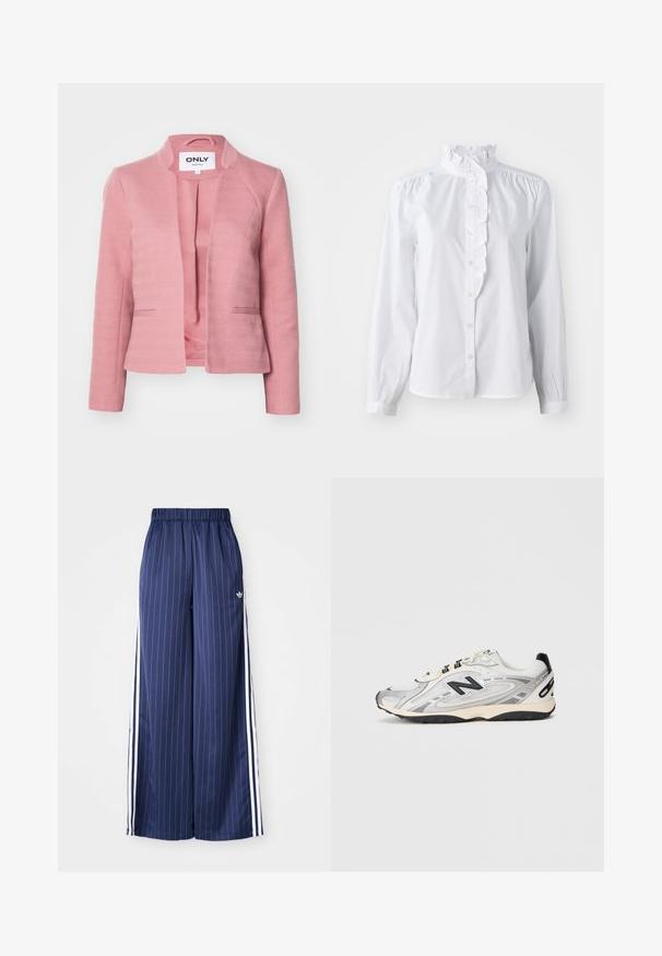 Blazer rosa con texture a spina di pesce, vestibilità sartoriale, senza bottoni e con rever appuntiti. Presenta una fodera interna liscia e tasche laterali.; Camicia bianca con bottoni, maniche lunghe, colletto alto arricciato e accentuazione verticale di volant sulla parte anteriore. Tessuto di cotone leggero.; Pantaloni a gamba larga blu navy con strisce verticali bianche, cintura elastica e tre strisce bianche su ciascun lato, realizzati in un materiale leggero.; Scarpa sportiva grigia e bianca con punta arrotondata, realizzata in materiali sintetici e mesh, dettagli neri e suola in gomma testurizzata.