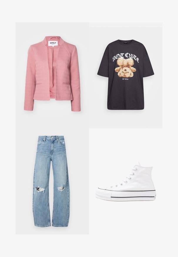 Ružový blazer s herringbone textúrou, strihovaná úprava, bez gombíkov a s ostrými klopami. Obsahuje hladkú vnútornú podšívku a bočné vrecká.; Čierne oversized tričko s grafikou medveďa a textom "NIE ROZTOMILÉ ALE DIVOKÉ" v tučnom bielom písmene. Bavlnený materiál.; Svetlomodré, vysoké džínsy vyrobené z denimu. Majú široké nohavice, dve roztrhnuté kolená a klasický päťvreckový strih.; Biele vysoké plátené tenisky s čiernou gumovou podošvou, prednou gumovou špičkou a šiestimi okami na šnúrky, s čistým, minimalistickým dizajnom.