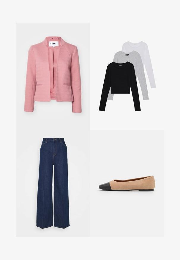 Roosa bleiser, millel on herringbone mustriga tekstuur, kohandatud sobivus, ilma nuppudeta ja teravad kraed. Omab siledat sisekihti ja küljetaskuid.; Kolm pikkade varrukatega toppi, mis on üksteise peale asetatud: must, hall ja valge. Igal ühel on ümar kaelus ja lühike disain, valmistatud siledast, kergekaalulisest kangast.; Kõrge vöökohaga laiad tumesinised teksapüksid, millel on ees- ja tagataskud, nööpide sulgemine ning nähtavad õmblusdetailid.; Beežist nubukist balletkingad musta nahast ümara ninaotsaga, madala kanna ja siledaga, millel on minimaalne õmblus ja lihtne disain.