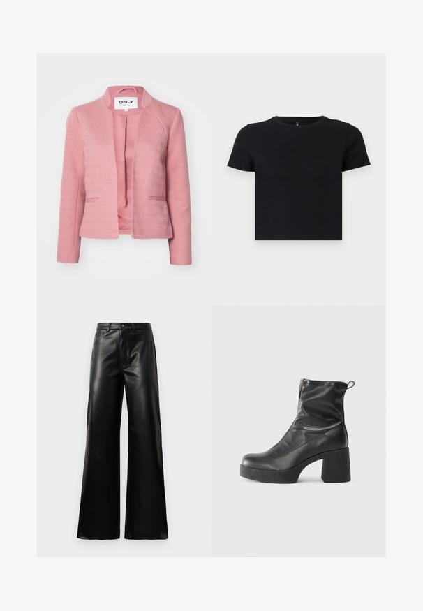Blazer rose avec une texture en chevrons, coupe ajustée, sans boutons et avec des revers aigus. Il dispose d'une doublure intérieure lisse et de poches latérales.; T-shirt noir à manches courtes en coton doux. Avec un col rond et un design ajusté. Texture lisse sans motifs ni détails.; Pantalons larges en faux cuir noire taille haute avec bouton avant, fermeture éclair, passants de ceinture et poches latérales sur fond blanc.; Bottes noires à la cheville en cuir lisse, dotées d'une fermeture éclair sur le côté, d'un talon épais texturé et d'une conception à bout rond.