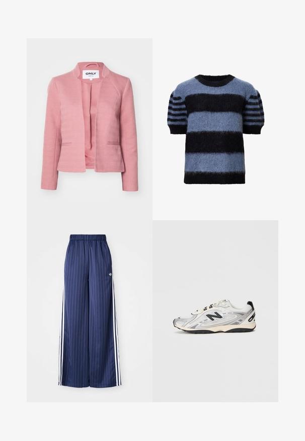 Blazer rose avec une texture en chevrons, coupe ajustée, sans boutons et avec des revers aigus. Il dispose d'une doublure intérieure lisse et de poches latérales.; Pull à manches courtes dans des tons de bleu mélangé et noir, avec de larges rayures horizontales et une texture douce et duveteuse. Encolure ronde, coupe décontractée.; Pantalons larges bleu marine avec des rayures blanches verticales, taille élastique et trois rayures blanches de chaque côté, fabriqués dans un matériau léger.; Chaussure de sport grise et blanche avec un bout arrondi, en matériaux mesh et synthétiques, accents noirs et semelle en caoutchouc texturée.