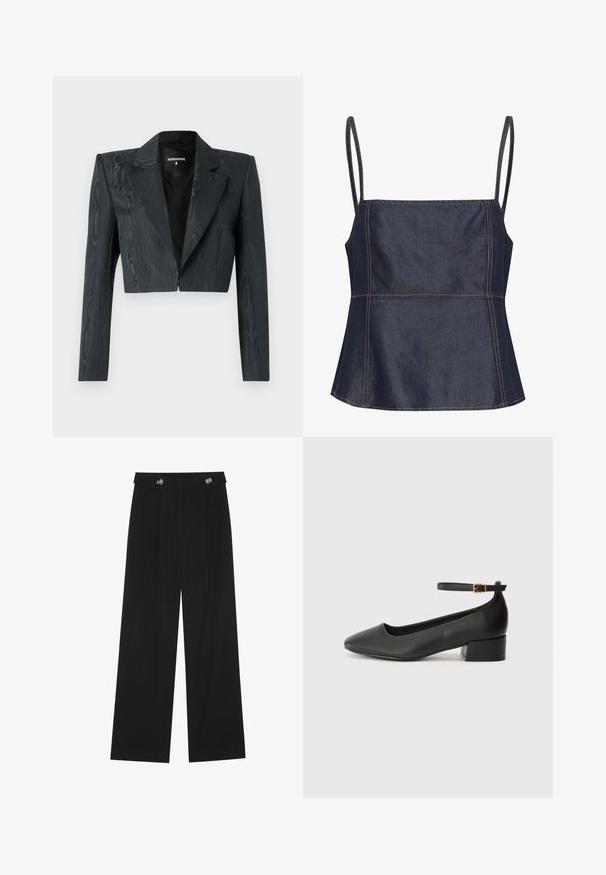 Klippekortet sort blazer med et tekstureret mønster, strukturerede skuldre og lange ærmer. Har en klassisk revers og en enkelt hægte.; Mørk denim ærmeløs top med firkantet halsudskæring, vinklede sektioner og synlige syninger. Flad, glat tekstur.; Sorte vide bukser med høj talje, knapdetaljer på taljebåndet og frontfald.; Sorte læderpumper med spids tå og en lav blokhæl. Har en ankelrem med en guldfarvet spænde. Glat tekstur.