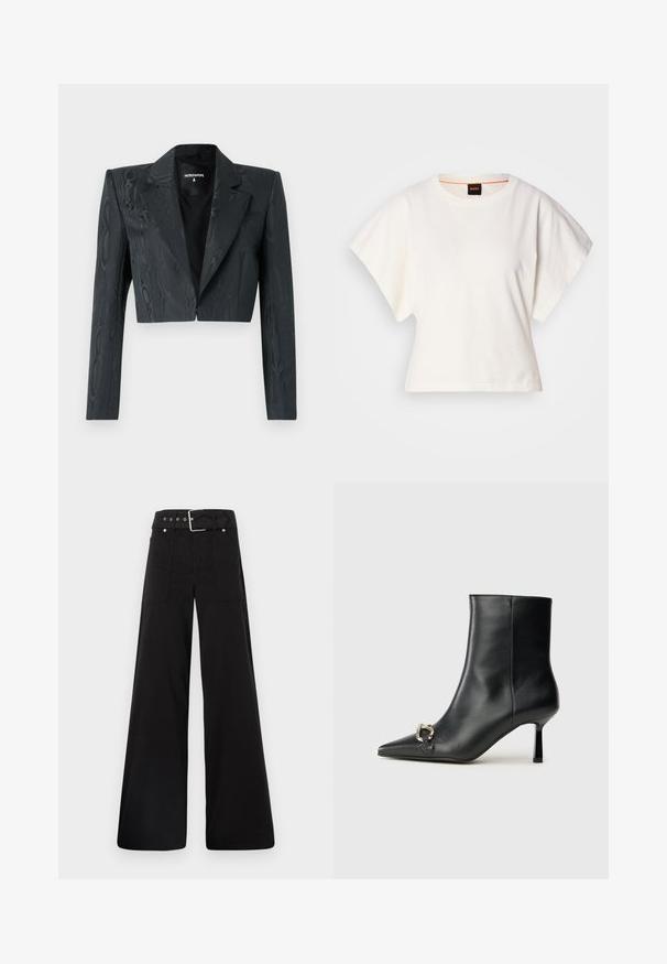 Klippekortet sort blazer med et tekstureret mønster, strukturerede skuldre og lange ærmer. Har en klassisk revers og en enkelt hægte.; Hvid cropped T-shirt, korte brede ærmer, blødt bomuldsstof, rund halsudskæring med diskret orange kant, minimalistisk design uden mønstre eller grafik.; Sorte brede bukser lavet af bomuld, med høj talje, store sidelommer og en bæltestrop med sølvfarvede detaljer.; Sort læder ankelstøvle med spidse tæer, slank hæl i mellemhøjde og sølvspænde detaljer på siden mod en ensfarvet baggrund.