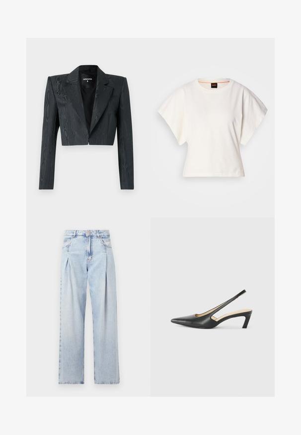 Krátká černá sako s texturovaným vzorem, strukturovanými ramenními vycpávkami a dlouhými rukávy. Obsahuje klasické klopy a jednotlivé uzavření na háček.; Bílý zkrácený T-shirt, krátké široké rukávy, měkký bavlněný materiál, kulatý výstřih s jemným oranžovým lemováním, minimalistický design, bez vzorů nebo grafik.; Světlé modré džíny z denimu s vysokým pasem, širokým střihem, dvěma bočními kapsami a nařaseným designem. Měkká textura s vybledlým povrchem.; Černý špičatý slingback s nízkým podpatkem, vyrobený z hladké kůže, s výřezem na boku pro lepší prodyšnost.