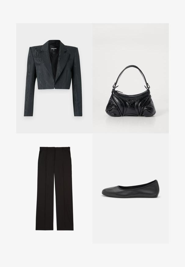 Klippekortet sort blazer med et tekstureret mønster, strukturerede skuldre og lange ærmer. Har en klassisk revers og en enkelt hægte.; Løsningstanktop med en skulder i sort ribbet stof, der har et tætsiddende design og blød tekstur. Har en ren, minimalistisk skæring og en glat halsudskæring.; Sorte skræddersyede bukser lavet af et glat stof, med et lige ben-design og to sidelommer. Elegant og minimalistisk konstruktion.; Sort læderballetsko med rund tå, glat tekstur, minimal syning og et fleksibelt såldesign.; Sort håndtaske lavet af tekstureret læder med en rund form. Har en tynd skulderrem og dekorative præget mønstre.