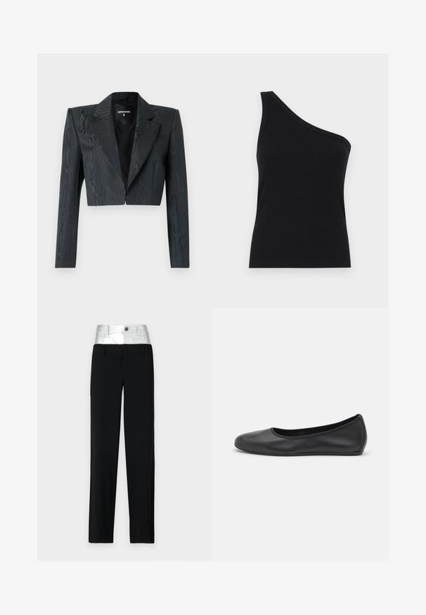 Klippekortet sort blazer med et tekstureret mønster, strukturerede skuldre og lange ærmer. Har en klassisk revers og en enkelt hægte.; Løsningstanktop med en skulder i sort ribbet stof, der har et tætsiddende design og blød tekstur. Har en ren, minimalistisk skæring og en glat halsudskæring.; Sorte bukser med en skinnende sølvfarvet talje. Har en knaplukning og fire lommer, med en skræddersyet pasform og lige ben design.; Sort læderballetsko med rund tå, glat tekstur, minimal syning og et fleksibelt såldesign.
