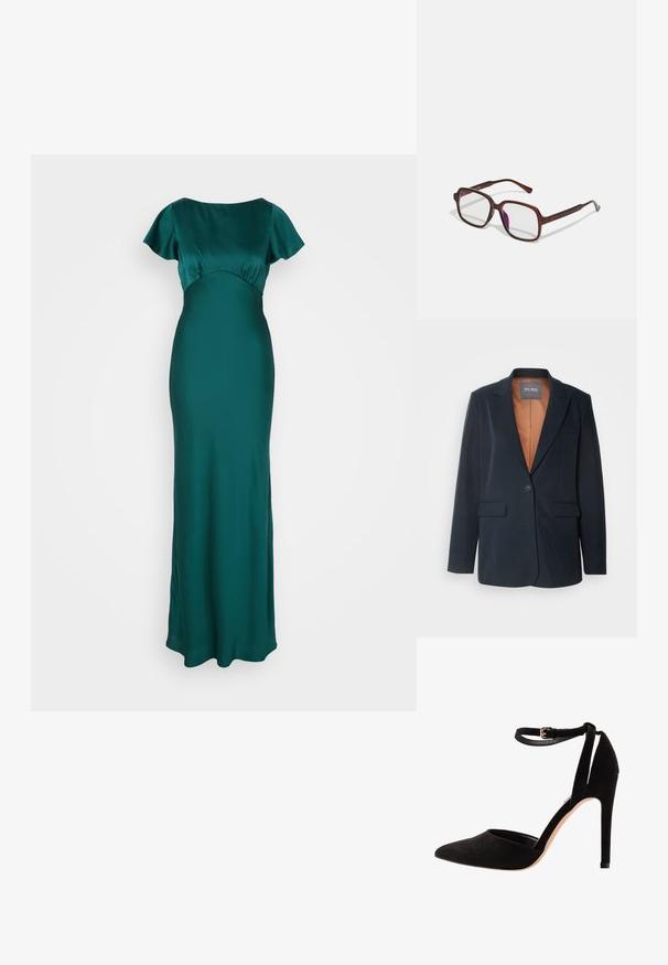 Mos Mosh SALLIE - Bleiser - salute navy; Sügavteal värvi pikk satiinist kleit, millel on lühikesed lendlevad varrukad ja sobiv bodice, voolates sujuvalt sirge ääreni.; Mustad sametist kõrged kontsad terava varbaga, pahkluu rihmaga ja stilettokontsaga. Disain on lihtne ja sujuva tekstuuriga, minimaalse detailitööga.; Pruunid, ristkülikukujulised prilliraamid, millel on läbipaistvad läätsed ja lillakad tooni. Sile plastikraam otste kaared ja peente aksenditega.