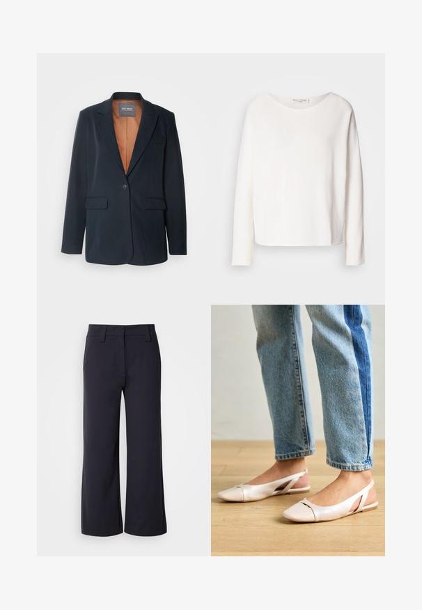 Mos Mosh SALLIE - Bleiseri - salute navy; Pitkähihaisessa, pyöreäkaula-aukkoisessa paidassa on pehmeä, kevyt valkoinen kangas ja rento mitoitus. Tässä on siisti helma eikä näkyvää kiinnitysmateriaalia.; Vaatteet leveälahkeiset housut tumman laivastonsinisen kankaan. Ominaisuuksia litteä etuosa, vyölenkit ja sivutaskut. Materiaali on sileä ja siinä on kevyt jousto.; Vaaleanpunaiset slingback-ballerinat, joissa on terävä kärki, valmistettu sileästä nahkamaisesta materiaalista. Sivujen leikkuuyksityiskohdat ja tasapohja.