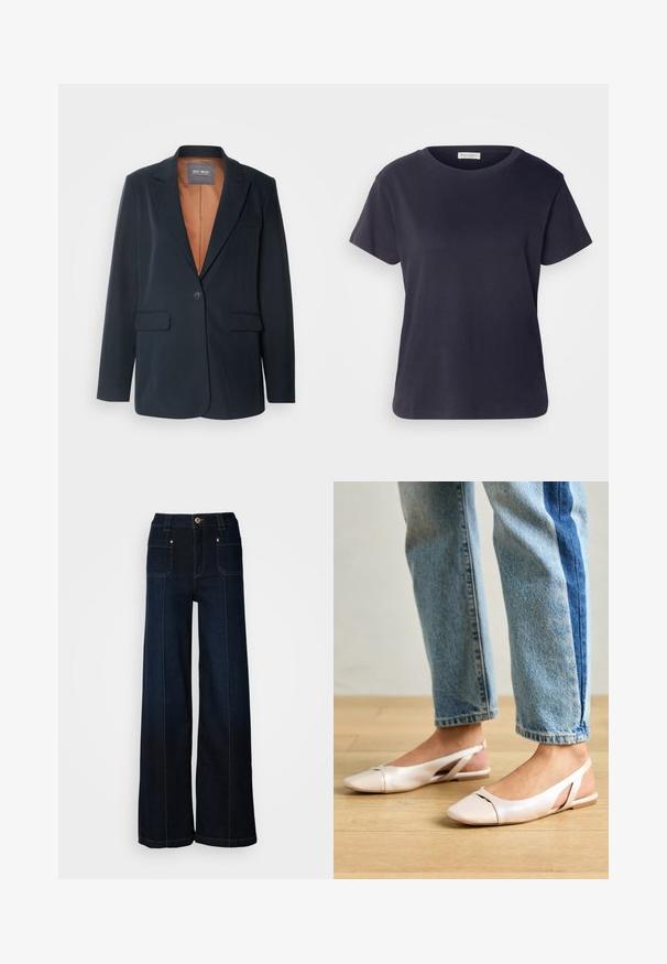 Mos Mosh SALLIE - Blazer - salute navy; Marinblå bomullströja med rund halsringning, korta ärmar och en avslappnad passform. Slät textur och minimalistisk design, inga synliga mönster.; Bredvid denimjeans i mörkblått. Har framfickor, guldtonad hårdvara och kontrasterande sömmar. Slät textur med en avslappnad design.; Ljust rosa slingback-lägenheter med spetsig tå, tillverkade av ett slätt läderliknande material. Har utskurna detaljer på sidorna och en platt häl.