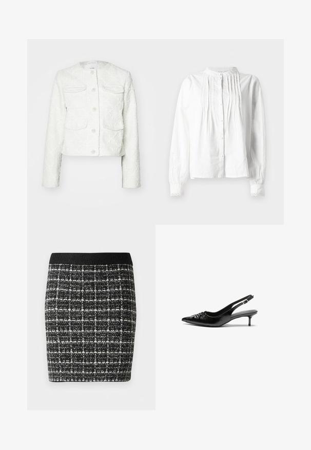 White cropped jacket made of textured fabric. Features four pockets, button closure with decorative accents, and a round neck.; White long-sleeve blouse with stand collar, vertical pleats on front, button closure, and lace-trimmed cuffs.; Black and white checkered skirt with a textured fabric, featuring a black waistband and a fitted silhouette.; Black leather slingback heels with a pointed toe, low kitten heel, and gathered detail on the vamp. Smooth texture and minimalist design.