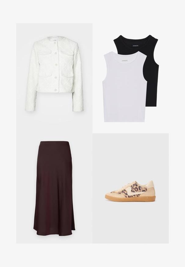 Weiße kurze Jacke aus strukturiertem Stoff. Verfügt über vier Taschen, Knopfverschluss mit dekorativen Akzenten und einen runden Kragen.; Zwei ärmellose Oberteile in Schwarz und Weiß, aus geripptem Baumwollstoff, mit runden Ausschnitten und einem taillierten Design. Etiketten auf beiden sichtbar.; Bordeauxsatin Midi-Rock mit glatter Textur, geradem Schnitt und leicht ausgestellt Saum. Keine sichtbaren Muster oder Hardwaredetails.; Löwenmuster-Sneaker mit beige Wildleder-Obermaterial, tanfarbener Gummisohle und weißen Akzenten. Runde Zehenform und Schnürdesign mit strukturiertem Finish.