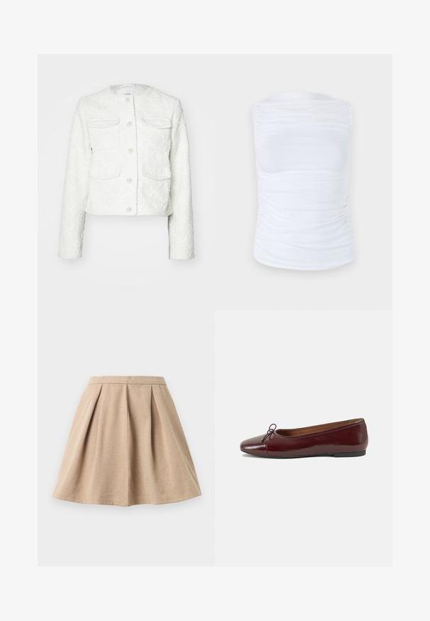 Chaqueta corta blanca hecha de tejido texturizado. Presenta cuatro bolsillos, cierre de botones con acentos decorativos y cuello redondo.; Top blanco sin mangas hecho de una tela suave y elástica con detalles fruncidos a lo largo de los lados, con un escote redondo y una silueta ajustada.; Falda plisada color canela hecha de tela texturizada, con una cintura ceñida y un diseño acampanado que llega hasta la mitad del muslo.; Bailarina de charol burdeos con punta redonda, pequeño lazo en la parte frontal y una suela baja de goma negra. Textura suave.