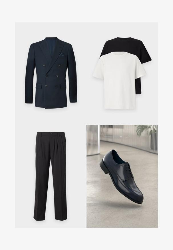 Dvojřadý navy blazer vyrobený z texturované tkaniny, který má šest černých knoflíků, dvě přední kapsy a náprsní kapsu se hedvábným kapesníčkem.; Sada bavlněných triček, která obsahuje černé a bílé tričko, obě s krátkým rukávem, kulatým výstřihem a standardním střihem. Texturovaná látka.; Černé společenské kalhoty vyrobené z hladké tkaniny, s přehyby vpředu, zapínáním na knoflík a rovnými nohavicemi.; Lesklá černá kožená společenská obuv s tkaničkami, plovoucí nad hladkým, světle šedým podlahovým povrchem a s vertikálními kovovými pruty v pozadí.