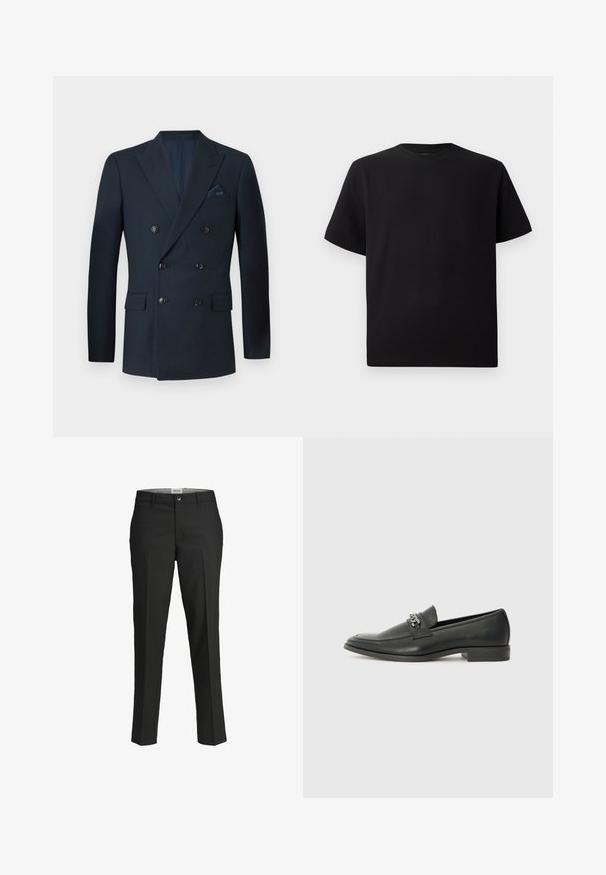 Dobbeltspent marineblå blazer laget av teksturert stoff, med seks svarte knapper, to frontlommer og en brystlomme med et silkeslips.; Svart T-skjorte med korte ermer laget av teksturert stoff, med rund halslinning og en avslappet passform. Enkel, uten mønstre eller detaljer.; Sorte bukser, skræddersyet pasform, glat stof, mellemhøj talje, knaplukning foran, skrå lommer og pressefold detaljer ned ad benene.; Sorte skinnloafers med en glatt finish, og med en sydd design og en dekorativ metallkjedeakcent over foten. Flat hæl.