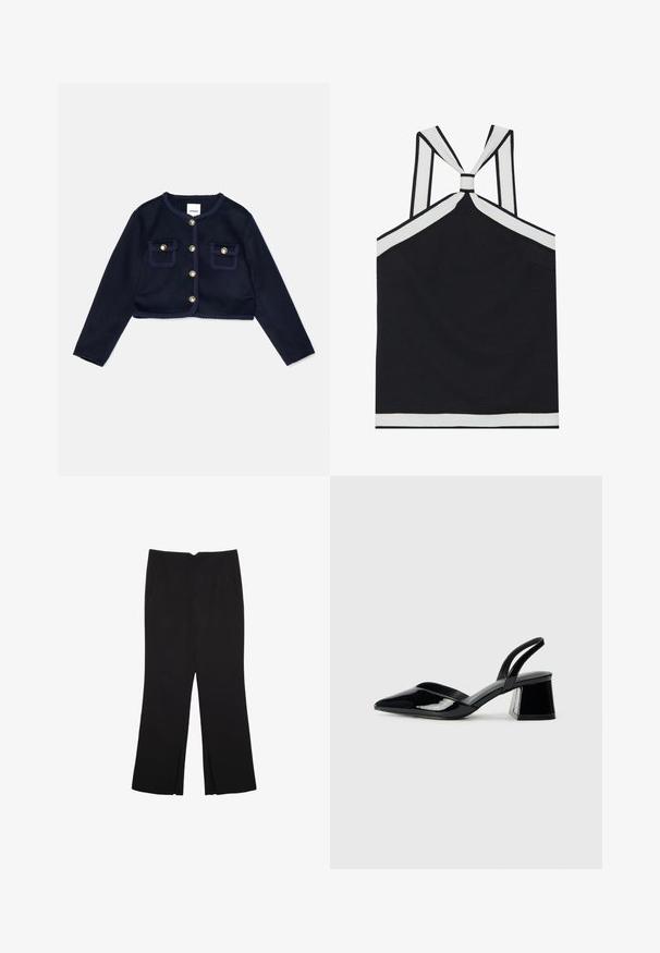 Mornarska kratka jakna s dugim rukavima, zlatnim gumbima i dva prednja džepa. Sadrži pletenu obrub oko izreza i rubova džepova.; Crni top na majicu bez rukava s bijelim detaljima, s čvorastim dizajnom na leđima, teksturiranom završnom obradom i prilagođenim siluetom. Jednostavno i moderno.; Crne hlače ravnog kroja, s prednjim džepovima i bočnim prorezima na rubu. Izrađene od mekog i glatkog materijala. Pogodne za razne prigode.; Crne lakirane kožne sandale s otvorenom petom i špicastim vrhom, s geometrijskom blok petom. Imaju elegantan, minimalistički dizajn i glatku teksturu.