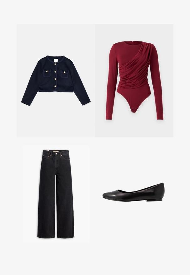 Jūras spēku īsa jakas ar garām piedurknēm, zelta pogu aizdare un divi priekšējie kabatas. Iezīmēts ar savīto apdari ap kakla izgriezumu un kabatu malām.; Ilgi piedurkņu bodijs dziļi sarkanā krāsā, ar drapētu audumu, apaļu kakla izgriezumu un snap aizdari apakšā, izgatavots no mīkstas elastīgas materiāla.; Melni platā kāju džinsi, kas izgatavoti no denima, ar piecām kabatām, vara kniedēm un klasisku pogu aizdari. Gluda tekstūra ar vienkāršu dizainu.; Melna baleta kurpe, izgatavota no glancētas ādas ar apaļu purngalu un zemu, plakanu zoli. Tam ir gluda tekstūra un vienkāršs, elegants dizains.
