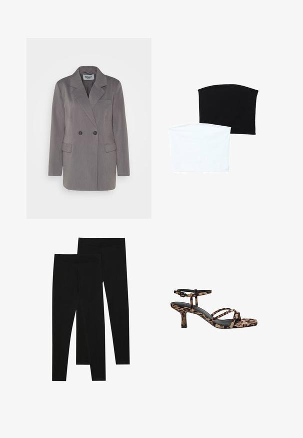 Sivina blazer z dvovratnim sprednjim delom, z zareznimi reverji, enim žepom na prsih in dvema spodnjima žepoma; izdelan iz teksturirane tkanine.; Dve brezšivne cevi šali: ena črna in ena bela. Obe sta izdelani iz mehkega, raztegljivega materiala in imata gladko teksturo brez vzorcev.; Črne legice iz raztegljive tkanine, z brezšivnim pasom in oprijetim krojem, primerne za prosti čas ali vadbo.; Sandal s petto s kvadratnim vrhom, več trak in srednje visoko peto v leopardjem vzorcu. Narejeni iz mehkega tekstilnega materiala.