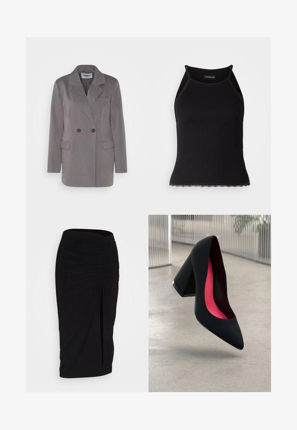 Pilkas bleizeris su dvigubu priekiniu užsegimu, iškirptėmis apykaklėmis, viena krūtinės kišene ir dviem apatinėmis kišenėmis; pagamintas iš tekstūruotos medžiagos.; Juodas raštuotas marškinėlis be rankovių su banginiu nėriniu apdaila apatine dalimi. Savybės: plonos petnešos ir prigludusi forma. Pagaminta iš tamprios medžiagos.; Juoda, raukšlėta pieštuko sijonas su raišteliu ir šoniniu įpjovimu. Pagamintas iš elastingos medžiagos, pasižymi lygiu paviršiumi ir prigludusia forma.; Juodas aukštakulnis batai su smailiu pirštu, su tekstūruota paviršiumi ir ryškiai rožiniu vidumi. Su tiek dideliu kulnu, tiek sidabriniu akcentu.