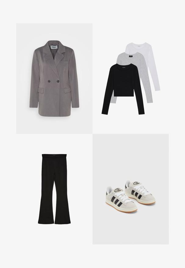 Grijze blazer met een dubbelbreasted voorkant, notch reversing, enkele borstzak en twee lagere zakken; gemaakt van een gestructureerde stof.; Drie langmouwige tops gestapeld: zwart, grijs en wit. Elke top heeft een ronde halslijn en een cropped ontwerp van soepel, lichtgewicht materiaal.; Zwarte flare leggings gemaakt van rekbaar materiaal. Beschikt over een brede tailleband en een zachte textuur, met een getailleerd silhouet dat uitloopt bij de zoom.; Grijze nubucklederen sneakers met witte veters, zwarte strepen en een witte rubberen zool. Bevat een rond logo op de tong en een gumzool.