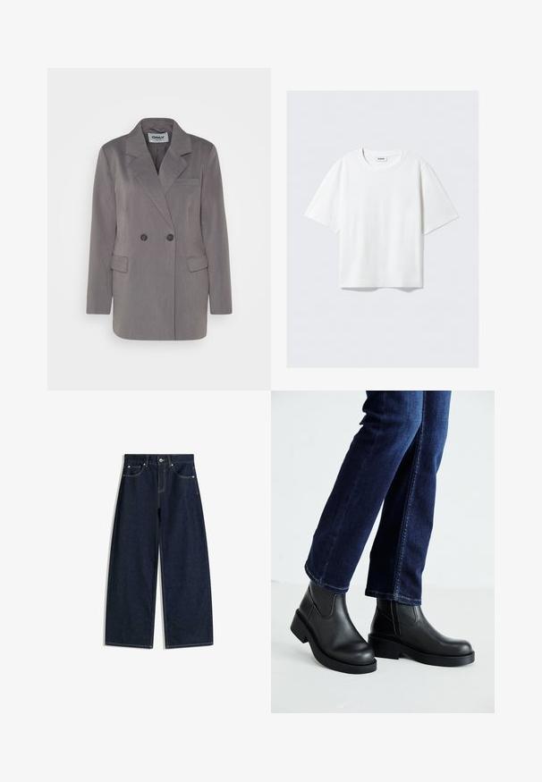Sivi blazer s dvostrukim prednjim dijelom, reverima u obliku slova ča, jednim džepom na prsima i dva donja džepa; izrađen od teksturirane tkanine.; Bijela majica kratkih rukava od mekanog pamuka, s okruglim izrezom i opuštenim krojem sa ravnim rubom, jednostavna bez uzoraka ili grafika.; Tamnoplave široke traper hlače s prednjim džepovima, kopčanjem na gumbe i vidljivim šavovima na bijeloj pozadini.; Crne kožne gležnjače s debelim potplatom i bočnim elastičnim panelima, uparene s tamnoplavim trapericama. Podlogu čini svijetla boja.