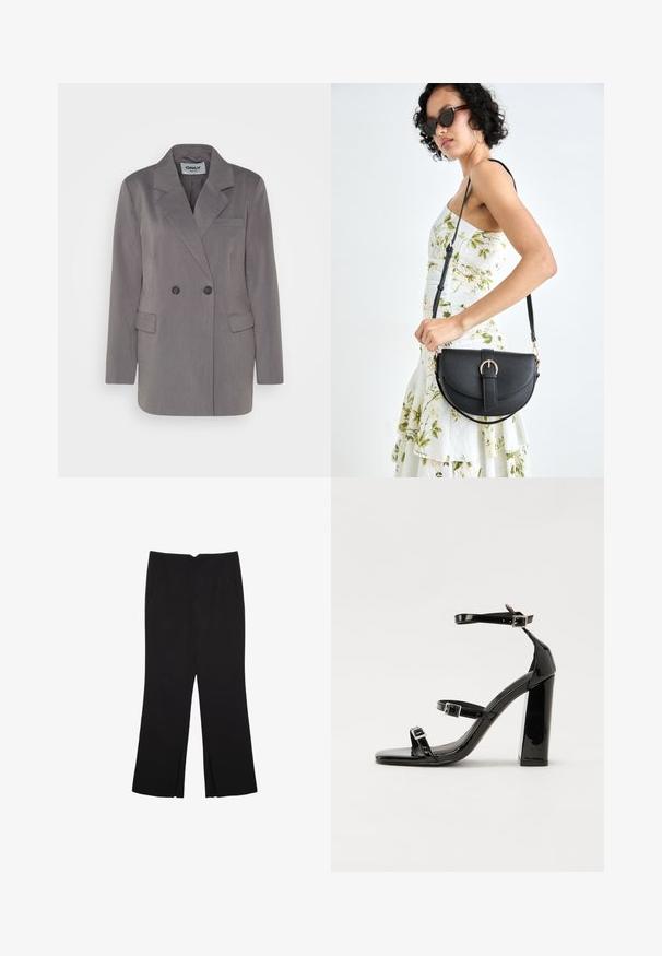 Blazer grigio con patta doppia, rever a scialle, una tasca sul petto e due tasche inferiori; realizzato in un tessuto texturizzato.; Canotta nera in cotone, caratterizzata da un colletto rotondo e ampi giromanica. Texture liscia con orli cuciti. Design classico e minimalista.; Pantaloni neri a gamba dritta, con tasche frontali e spacchi laterali all'orlo. Realizzati in tessuto morbido e liscio. Adatti a diverse occasioni.; Sandali con tacco alto in vernice nera con due cinturini con fibbia, punta quadrata e tacco spesso a blocco, caratterizzati da una texture liscia e lucida.; Borsa a tracolla nera in pelle con una forma curva, manico rimovibile e accessori dorati. La borsa presenta una patta con un dettaglio a fibbia.