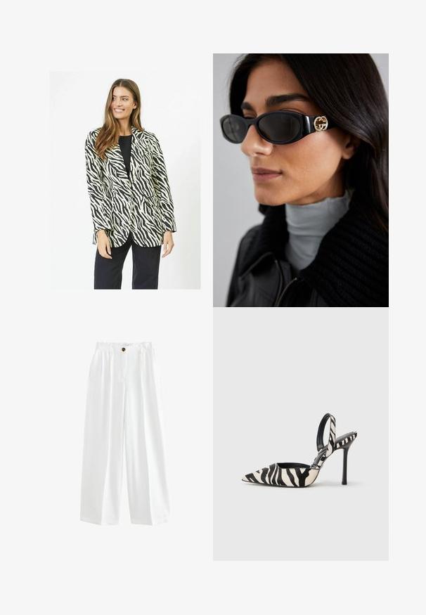 Zebra w czarno-białe paski marynarka z pojedynczym zapięciem, dwoma przednimi kieszeniami i dopasowanym krojem. Gładka tekstura materiału.; Jasno beżowy top na ramiączkach wykonany z miękkiego materiału, z cienkimi regulowanymi ramiączkami i dekoltem w kształcie litery V, o delikatnie luźnym kroju.; Białe spodnie typu wide-leg wykonane z lekkiego materiału. Zawierają zapięcie na guzik, dwie boczne kieszenie oraz luźny krój.; Czółenka ze zwężonym przodem w czarno-kremowy wzór zebry, z cienkim wysokim obcasem i otwartym tyłem, z czarnym wnętrzem.; Czarne okulary przeciwsłoneczne o eleganckim, prostokątnym kształcie z logo w kolorze złotym na boku. Ciemne soczewki i błyszczące wykończenie są wyraźnie widoczne.; Czarna skórzana torebka typu tote o luźnym kształcie i szerokim pasku na ramię. Posiada teksturowany, pleciony wzór z gładkim wykończeniem.