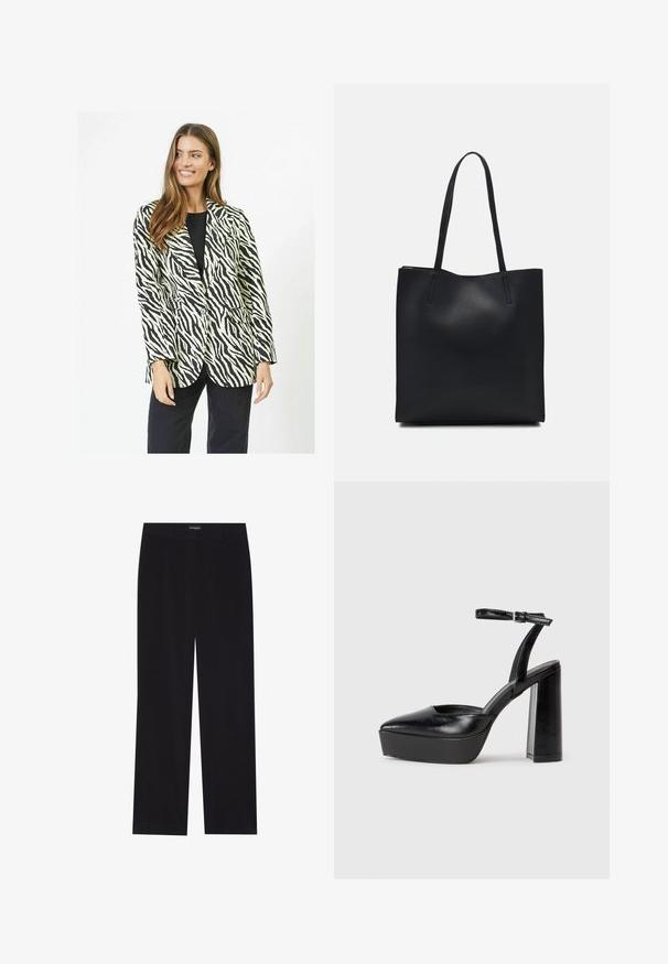 Melnbalts zebr-izdrukas žakets ar vienu pogu, divām priekšējām kabatām un pieguļošu piegriezumu. Gluda auduma tekstūra.; Melna kokvilnas T-krekls ar īsām piedurknēm, kuram priekšā kreisajā pusē ir neliels rozā tauriņa grafiskais attēls. Ar apaļu kaklu un brīvā stila piegriezumu.; Melni korduroja bikses ar taisnu piegriezumu, ar plakanu jostasvietu un bez redzamām kabatām, gluda tekstūra un vertikālas ribas detaļa.; Melnas platformas papēžs ar norādītu purngala formu un regulējamu potītes siksniņu. Izgatavotas no gludas ādas, ar masīvu bloku papēdi.; Melnas ādas somiņa ar gludu tekstūru, taisnstūra formu un divām garām rokturiem. Nav redzamu aparatūras vai rotājumu.
