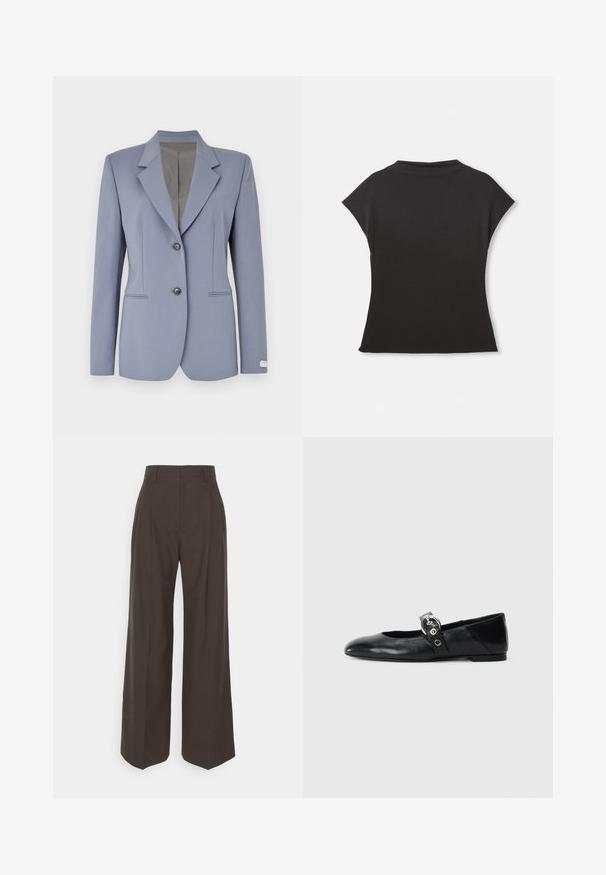 Heleheline bleiser, millel on sakiline krae, kaks eesmist nööpi ja diskreetne triibuline detail. Valmistatud siledast kangast, millel on kaks külge taskut.; Must proov kõrvitsanööpidega lühikeste varrukatega topp kõrge kaelusega ja mugava lõikega. Valmistatud pehmest kangast, millel on sile tekstuur. Ilma nähtavate mustrite või graafikateta.; Tumepruunid lai jalad püksid kõrge vöökohaga, millel on korralikult pressitud kortsud, sile tekstuur ja täpselt sobiv lõige.; Mustadest nahast balleti kingad terava varbaga, millel on rihm ümmarguse metallist pandlaga ja lame tald.