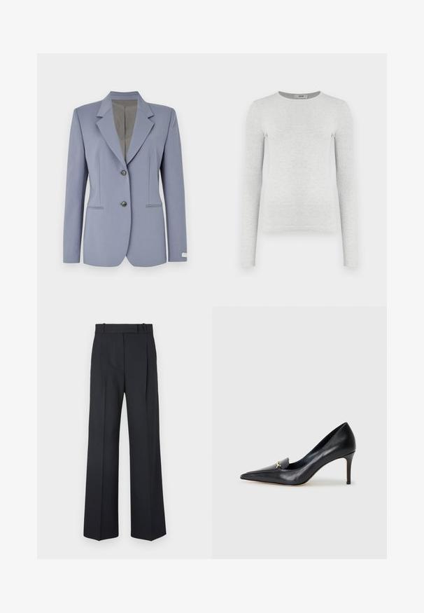 Vaaleansininen bleiseri, jossa on kauluskellot, kaksi etupainiketta ja hienovaraisia raidallisia yksityiskohtia. Valmistettu sileästä kankaasta, jossa on kaksi sivutaskua.; Pitkähihaisessa harmaassa ribbikuvioisessa neulepuserossa on pyöreä pääntie, istuva siluetti ja sileä tekstuuri, eikä siinä ole näkyviä logoja tai koristeita.; Tummansiniset raidalliset housut, joissa on korkea vyötärö, leveät lahkeet ja ei näkyviä metalliosia tai koristeita. Sileä pinta ja räätälöity istuvuus.; Musta nahkainen korkokenkä, jossa on terävä kärki, matala leikkaus ja koristeellinen kultainen yksityiskohta. Varustettu stilettokannalla ja sileällä pinnalla.