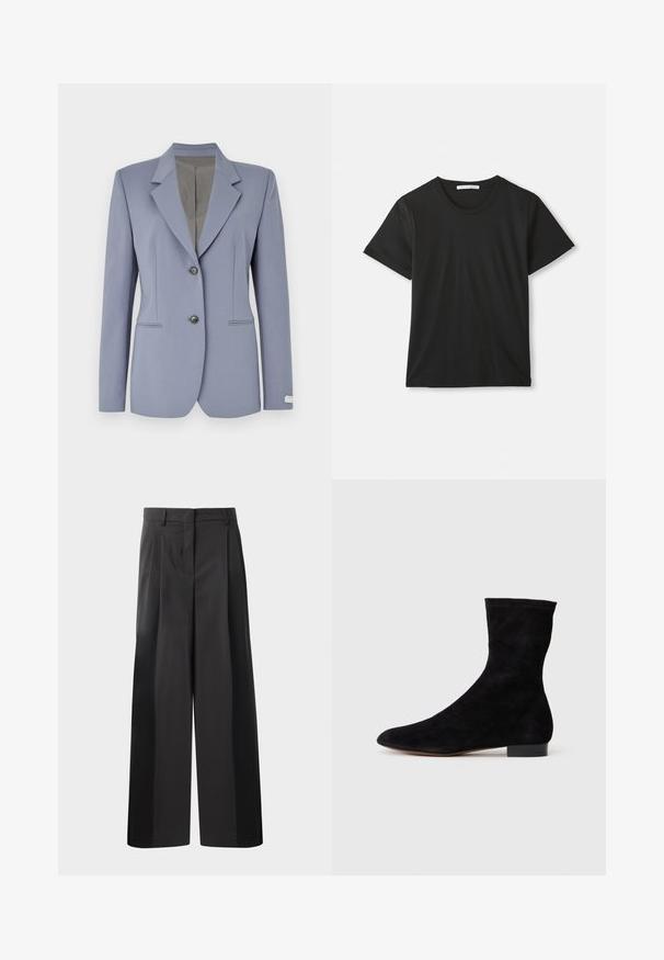 Svijetloplav blazer s ovratnikom na izrez, dva prednja gumba i suptilnim prugastim detaljima. Izrađen od glatkog materijala s dva bočna džepa.; Crna majica s kratkim rukavima, okruglim izrezom i mekanim pamukom. Jednostavan dizajn bez uzoraka ili logotipa, klasičnog kroja.; Crne široke hlače s visokim strukom, s prednjim nabranim detaljima, glatkom teksturom i krojenim završetkom. Dizajnirane za opušteni kroj.; Crne nubuk čizme do gležnjeva s uskim okvirem, špicastim vrhom i niskom bloknom petom. Glatka tekstura i minimalistički dizajn, pogodne za svestrano stiliziranje.