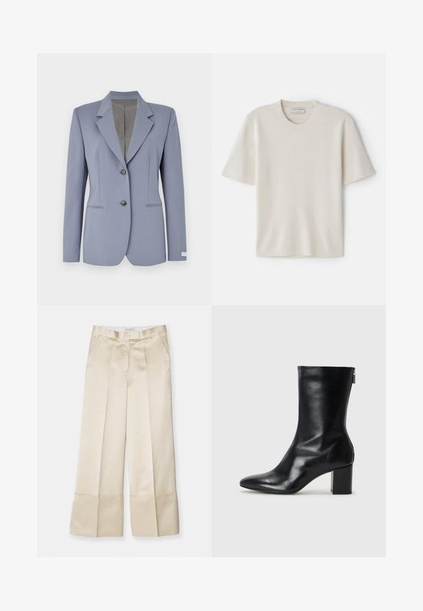 Šviesiai mėlynas švarkas su įpjautu apykakle, dviem priekiniais mygtukais ir subtiliais dryžių akcentais. Pagamintas iš lygaus audinio, su dviem šoninėmis kišenėmis.; Kremos šviesiai geltonas trumpų rankoviu marškinėliai su apvaliu iškirpimu, pagaminti iš minkštos medžiagos, turintys tiesų siluetą ir minimalų dekorą.; Smėlio spalvos plačios kelnės iš lygaus audinio su aukštu liemeniu, raukšlėta priekyje ir sulenktomis apačiomis, turinčios šonines kišenes ir tvarkingą apdailą.; Juodų odinių kulkšninių botų su smailiu nosiu ir 4 cm pločio bloku. Išskirtinis dizainas pasižymi šoniniu užtrauktuku, leidžiančiu lengvai apsiauti. Lygi tekstūra.