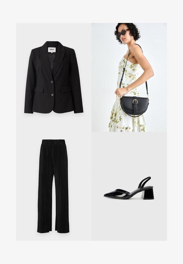 Fekete zakó, enyhén kiemelkedő gallérral, egysoros kivitel, két elülső zsebbel és két fekete gombbal. Simas szövet, testre szabott szabású.; Három rövidujjú póló készlet fekete, szürke és fehér színben. Pamutból készült, kerek nyakú, egyszerű, egyszínű dizájnnal.; Fekete pliszírozott nadrág gumis derekkal. Széles lábakkal rendelkezik, sima, texturált anyagból készült, függőleges csíkokkal.; Fekete lakk bőr szandálkés magas sarkú cipő, hegyes orral és geometrikus tömbsarkakkal. Karcsú, minimalista dizájn és sima textúra jellemzi.; Fekete bőrtáska ívelt formával, levehető pánttal és arany színű fémrészekkel. A táskán egy csattal díszített fedél található.