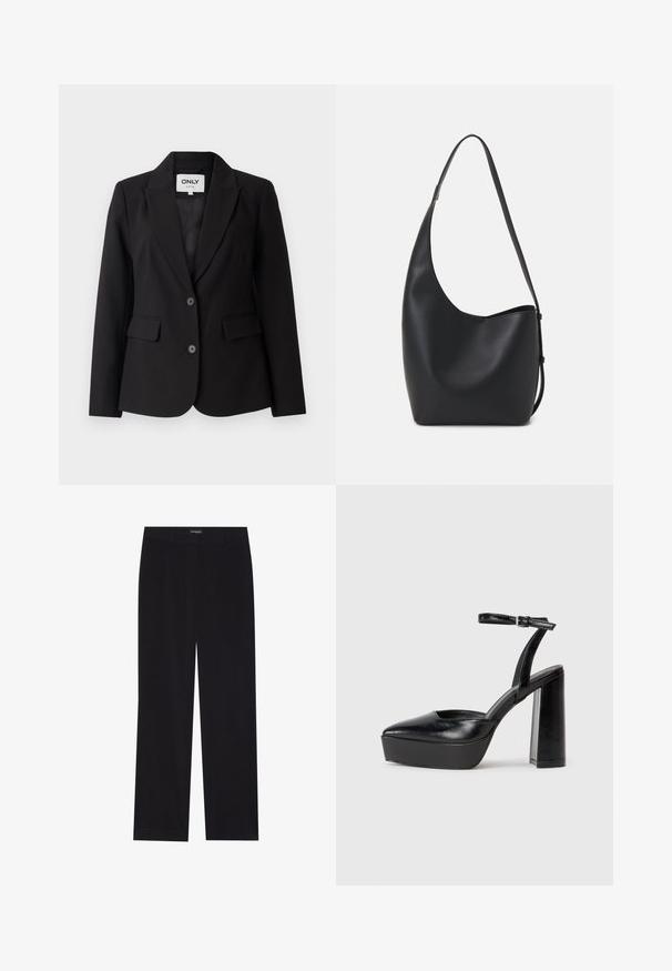 Juodas švarkas su notch tipo apykakle, vieno mygtuko dizainu, dviem priekinėm kišenėm ir dviem juodais mygtukais. Lygus audinys su pritaikytu siluetu.; Juodas medvilnės marškinėliai trumpomis rankovėmis, su maža rožine drugelio grafika kairėje krūtinės pusėje. Apvalus kaklo iškirpimas, laisvas kirpimas.; Juodi švelnūs štrichiniai džinsai su tiesiu kirpimu, plokščiu liemeniu ir be matomų kišenių, su glotnia tekstūra ir vertikaliu briaunavimu.; Juodi platforminiai aukšti kulniukai su smailiu kojų pirštu ir reguliuojamu kulkšnies dirželiu. Pagaminti iš lygaus odos, turi masyvų blokinį kulną.; Juodas odinis hobo maišas su lygiu paviršiumi, kreipta forma ir viena reguliuojama rankena; turi platų atidarymą viršuje.