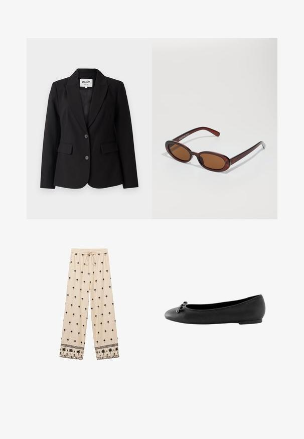 Čierny blazer s klopovým golierom, jednostranným zapínaním, dvoma prednými vreckami a dvoma čiernymi gombíkmi. Hladká tkanina s priliehavým strihom.; Biele tielko, rebrový textúra, okrúhly výstrih, bezrukávový dizajn, priliehavý strih, diskrétne logo na štítku vo vnútri oblasti goliera.; Béžové široké nohavice s čiernym vzorom palmových stromov, elastický pás s šnúrkou a kontrastným vzorovaným lemom na spodnom okraji.; Čierne baletky s hladkým koženým povrchom, zaoblenou špičkou a malou ozdobnou mašličkou vpredu. Plochá podrážka.; Okrúhle slnečné okuliare s hnedým nádychom a lesklým burgundským rámom. Úzke ramená s jemným brandovaním. Plochej šošovky dizajn.; Čierna faux kožená ramenná taška s obdĺžnikovým tvarom, zlatými kovovými detailmi, magnetickým uzáverom a odnímateľným popruhom. Textúrovaný povrch.