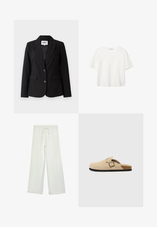 Čierny blazer s klopovým golierom, jednostranným zapínaním, dvoma prednými vreckami a dvoma čiernymi gombíkmi. Hladká tkanina s priliehavým strihom.; Biela krátkopsová tričko vyrobené z bavlny. Má okrúhly výstrih a voľný strih. Hladká textúra bez viditeľných vzorov alebo akcentov.; Biele nohavice s širokými nohavicami vyrobené z mäkkej tkaniny. Majú elastický pás s šnúrkou a hladký povrch. Žiadne viditeľné vzory ani kovania.; Bežové semišové clogs na klinoch so korkovou stielkou, zaoblenou špičkou a jednoduchým remienkom so zlatým sponou. Gumová podrážka pre lepšiu priľnavosť.