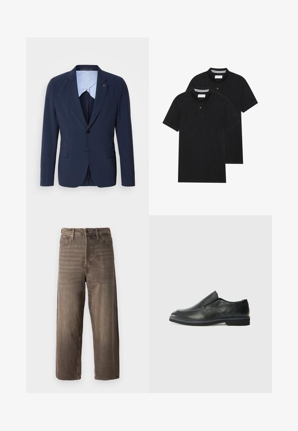 Sötétkék zakó szabott fazonnal, egy gombos záródással, két elülső zsebbel és világoskék bélésborítással. Finom logó részlet jellemzi.; Két fekete pólóing, rövid ujjú, pamut anyagból készült, klasszikus gallérral, két gombos gombolással, és fehér csíkos díszítéssel a gallér belső részén.; Barna, széles lábú farmernadrág, denim anyagból készült. Cipzáras záródás, övbújtatók és öt zseb található rajta. Az anyag megjelenése halvány pattanásos hatású.; Fekete bőr, slip-on cipő sima felsőrésszel, varrott díszítéssel, lekerekített orral és alacsony gumitalppal. A talpa minimális bordázattal rendelkezik.