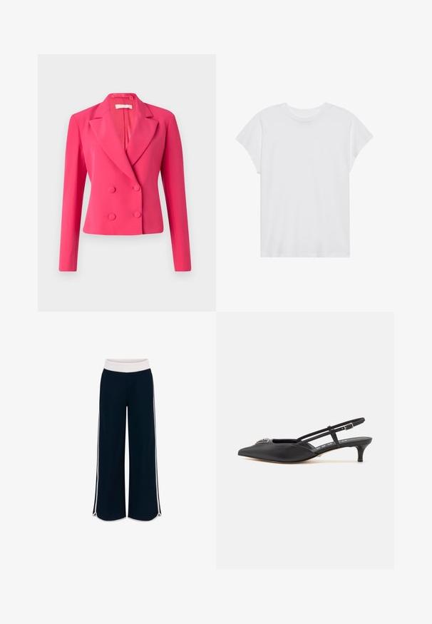Dvojradový blejzer v jasne ružovej farbe, s pevnou konštrukciou, ostrými klopami a dvoma okrúhlymi gombíkmi na zapínanie. Hladká textúra látky.; Biela krátka rukávová tričko s okrúhlym výstrihom, voľný strih, vyrobené z jemnej bavlnenej látky. Hladká textúra, bez vzorov alebo log.; Námornícky široké nohavice s bielym elastickým pásom a kontrastnými bočnými pruhmi. Hladká textúra s voľným strihom a bočnými rozparkom na spodnom leme.; Čierne slingback topánky s ostrou špičkou, vyrobené z hladkého materiálu, so malým podpätkom a dekoratívnym strieborným akcentom na priehlavku.