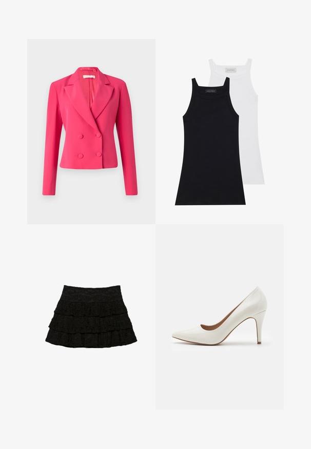 Dvojno zapenjanje blejzer v svetlo rožnati barvi, ki se ponaša z strukturiranim oblikovanjem, ostrimi reverji in dvema okroglima gumboma za zapiranje. Gladka tekstura tkanine.; Dve brezrokavne majice v črni in beli barvi. Narejene iz mehkega, raztegljivega materiala z rebrasto teksturo in oprijetim dizajnom. Imajo ozke naramnice.; Črna krilna krila z več plastmi volanov in teksturiranim cvetličnim vzorcem. Elastičen pas za udobje in prileganje.; Bela lakirana usnjena čevlja z visoko peto in ostrim nosom ter gladko površino, ki ima vitko peto in nizek izrez okoli odprtine.